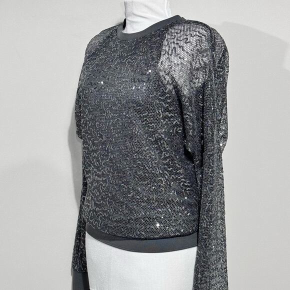 DKNY NWT Sequin Mesh Overlay Crewneck Top Gunmetal Grey Small Dolman Sleeves - Picture 5 of 16